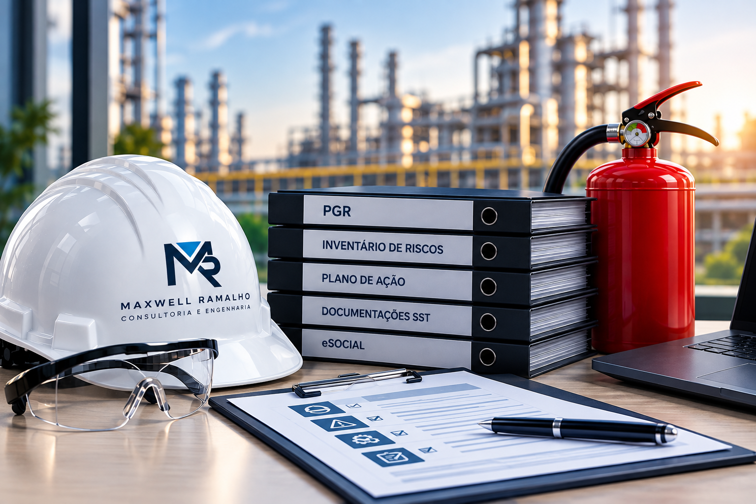 Capacete, documentação de PGR e checklist de Segurança do Trabalho